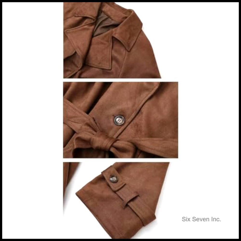 Faux Suede Trench Coat Double Breasted Pea Coat with Belt - Picture 5 of 6